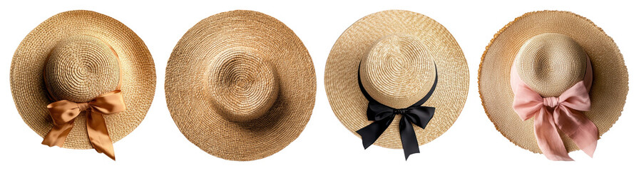 PNG Stylish straw hats with ribbons, element set on transparent background