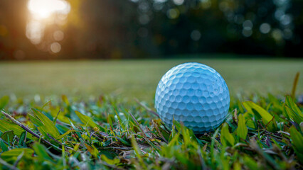 Golf ball is on a green lawn in a beautiful golf course with morning sunshine.
