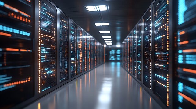 Server room interior with glowing code