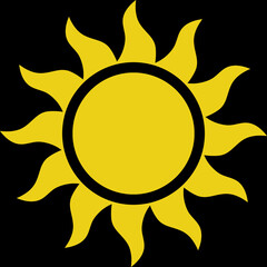 Un icono del sol en color amarillo indicador de calor o alta temperatura en clima de verano aislado en fondo negro
