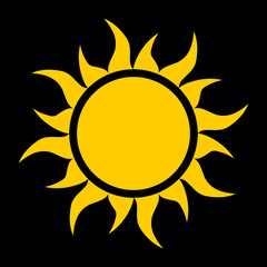 Un icono del sol en color amarillo indicador de calor o alta temperatura en clima de verano aislado en fondo negro