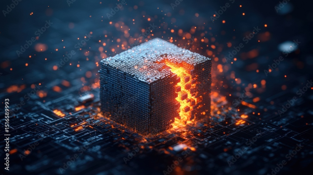 Poster high-tech glowing cube with fiery cracks and digital circuit background symbolizing cybersecurity an