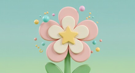 Whimsical 3D render of a pastel flower with a star center, surrounded by colorful spheres. Cute and playful design.