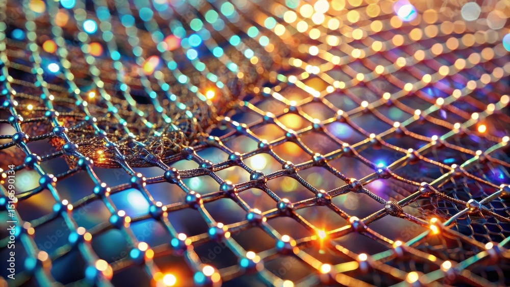 Poster Intricate Metallic Lattice Network with Illuminated Nodes and Bokeh Background