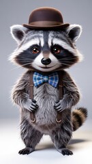 Obraz premium Cute raccoon wearing a brown hat, blue checkered bow tie, and suspenders standing upright on a light background