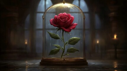 Enchanted Rose in Glass Dome Digital Painting, Fantasy Art, Beauty and the Beast, Red Rose Beauty and the Beast, Fantasy Art