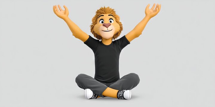 The lion wearing black pants is sitting cross legged, with its hands stretched upwards, 3d style, cartoon style,solid background, front view 