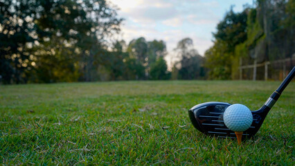 Golf clubs and golf balls on a green lawn in a beautiful golf course with morning sunshine.