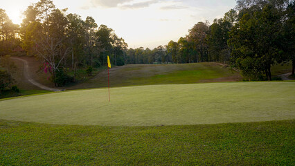 Green grass and woods on a golf field. View of Golf Course with beautiful putting green.