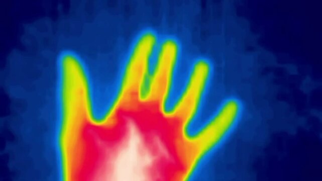 A hand, a palm. Gestures. Clenching your hand into a fist as when receiving a thing.Image thermal imager device.