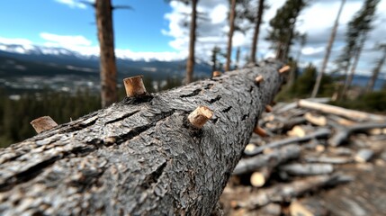 Fototapeta premium A fallen tree trunk with rough bark extends into a forested landscape under a blue sky