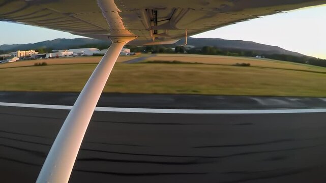 Airplane Takeoff from Runway POV at Golden Hour - Small Aircraft Underwing View