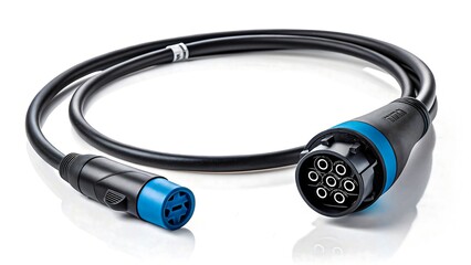 Electric vehicle charging cable with blue and black connectors on white background for EV power supply
