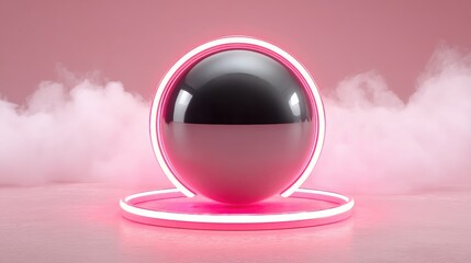 Ethereal Chrome Orb with Pink Neon Halo in Dark Vapor-Filled Space
