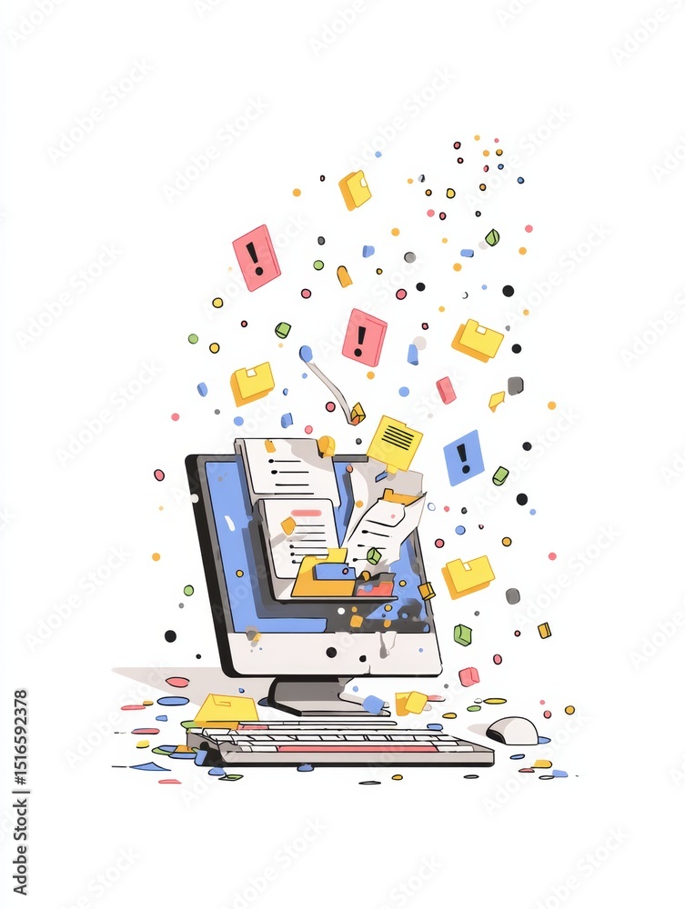 Poster Crashed Computer With Flying Files and Exclamation Marks Creating a Chaotic Digital Environment