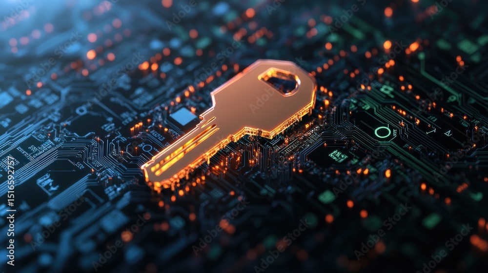 Poster close-up of a golden key symbol on a digital circuit board representing cybersecurity and technologi