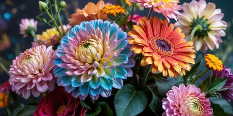 A highly detailed digital painting showcases a vibrant bouquet of dahlias, chrysanthemums, and asters in a spectrum of rainbow colors, highlighting intricate petal patterns.