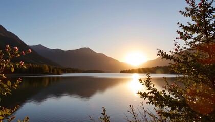 a tranquil outdoor scene featuring a serene lake with calm waters reflecting the surrounding landscape under a clear sky. in the foreground, there is a tree with visible leaves near the water's edge