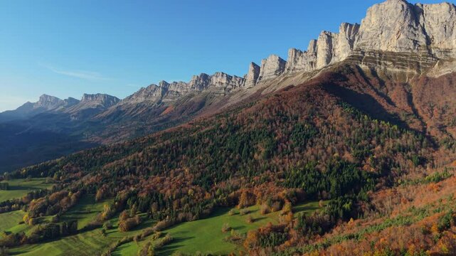 The Vercors Massif range with mountain peaks in autumn (aerial view). Vercors Regional Natural Park, Isere, Rhone-Alpes, Alps, France