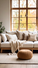 Fototapeta premium Cozy living room with couch, pillows, blanket, and autumn view