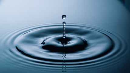 This image captures a single water droplet as it makes contact with a calm water surface, creating a series of concentric ripples.