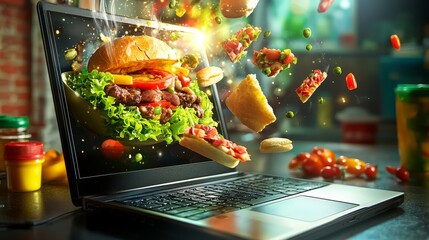 Laptop Screen Burger Explosion Juicy Patty, Flying Ingredients, Online Food Order, Delicious Recipe. online food, burger recipe