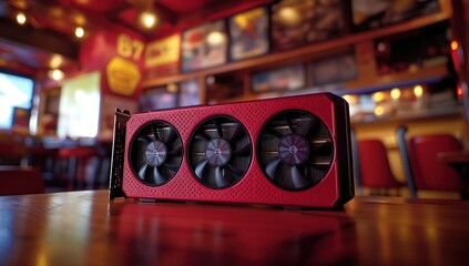 Red graphics card on bar, retro diner background