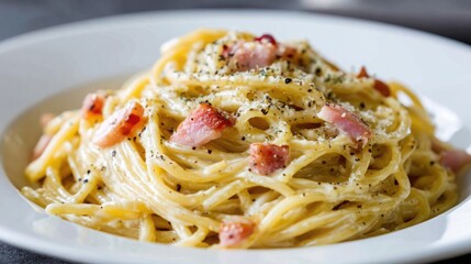macro shot of carbonara pasta, creamy sauce clinging to each strand, visible pepper and cheese, soft background blur 