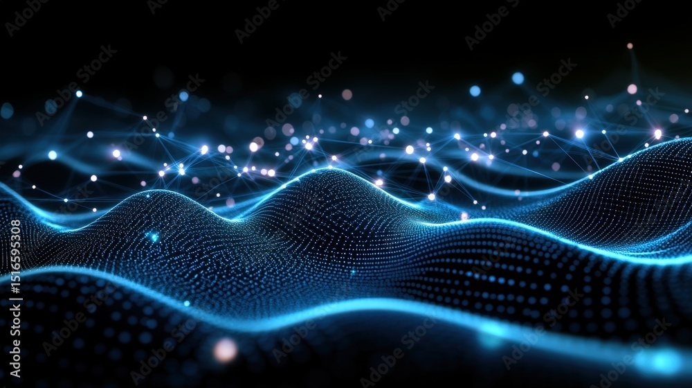 Poster abstract digital wave pattern with luminous particles and flowing glowing lines in futuristic techno