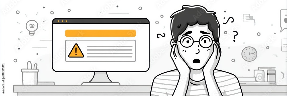 Poster User Looks Confused by Warning Message on Computer Screen While Seated at Desk in a Home Office Setting