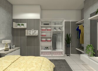 3D design features a minimalist, open-concept wardrobe with decorative slatted wall panels, perfect for bedrooms and walk-in closets