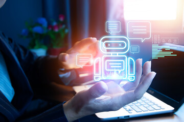 The concept of a businessman using AI to chat, interact and find answers naturally.