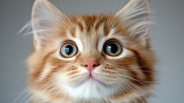 Close-up of an adorable orange tabby kitten with bright blue eyes and soft fur