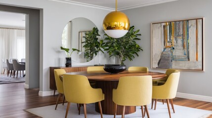 mid-century modern dining area, round wooden table, mustard chairs, pendant lamp, clean lines, retro art, elegant light 