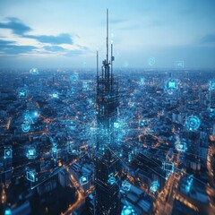 Obraz premium Aerial view of a futuristic city skyline at dusk with digital overlays representing technology