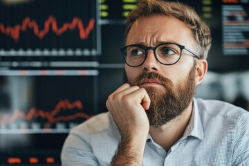 Stockbroker analyzing declining trends on multiple computer screens in office