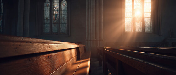 Sunlight streaming through church windows interior serene environment