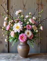 flowers with branches in a rustic vase