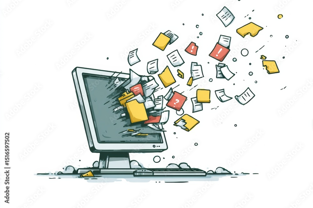 Poster Crashed Computer With Flying Files and Exclamation Marks in a Chaotic Digital Disruption Visualization