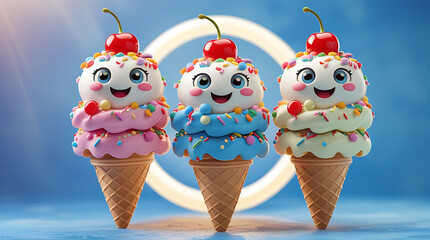 Three cheerful 3D cartoon ice cream cones, each topped with colorful sprin