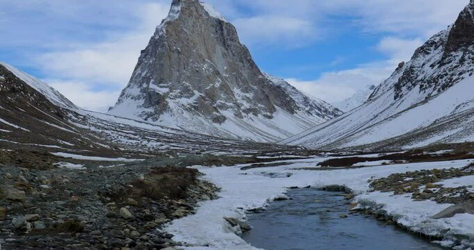 Sacred Gumbo Ronjon mountain in Zanskar Valley, Ladakh, with melting stream and snow-covered winter landscape under cloudy sky