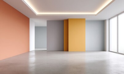 Obraz premium minimal empty room with vibrant color blocks on the walls (terracotta, mustard, soft gray), polished concrete floor, clean edges, modern lighting strip on ceiling, abstract and playful atmosphere
