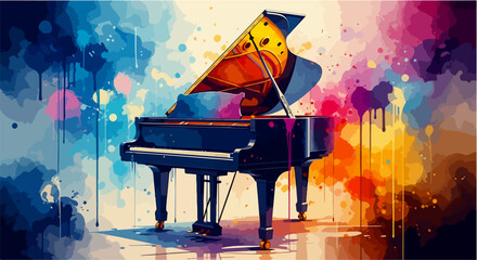 Painterly digital artwork of a grand piano centered against a vibrant, abstract watercolor-style background with bold, blended brushstrokes in warm and cool hues, radiating energy and artistic motion. © Purnomo