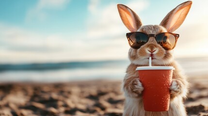 A charming rabbit wearing sunglasses holds a drink while standing on a sandy beach, depicting a fun and whimsical scene that radiates joy and relaxation during warm summer days.