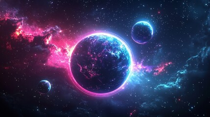 Neon Planet in Cosmic Nebula Digital Art, Sci-Fi, Space, Galaxy Sci-fi, Fantasy