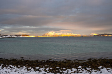 Norwegian sea and moutains in the sunrise, Norway