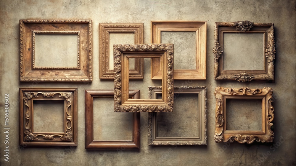 Poster A Collection of Ornate Empty Wooden Picture Frames Arranged on a Textured Background