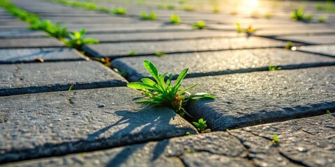 A resilient sprout emerges from a crack in the pavement, bathed in the warm glow of sunlight, showcasing the tenacious power of nature to find a way