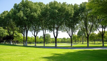 Naklejka premium Lush Green Landscape and Trees: A picturesque landscape with perfectly manicured green grass and majestic trees.