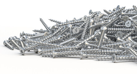 Chrome screws forming a pile on white background 3d